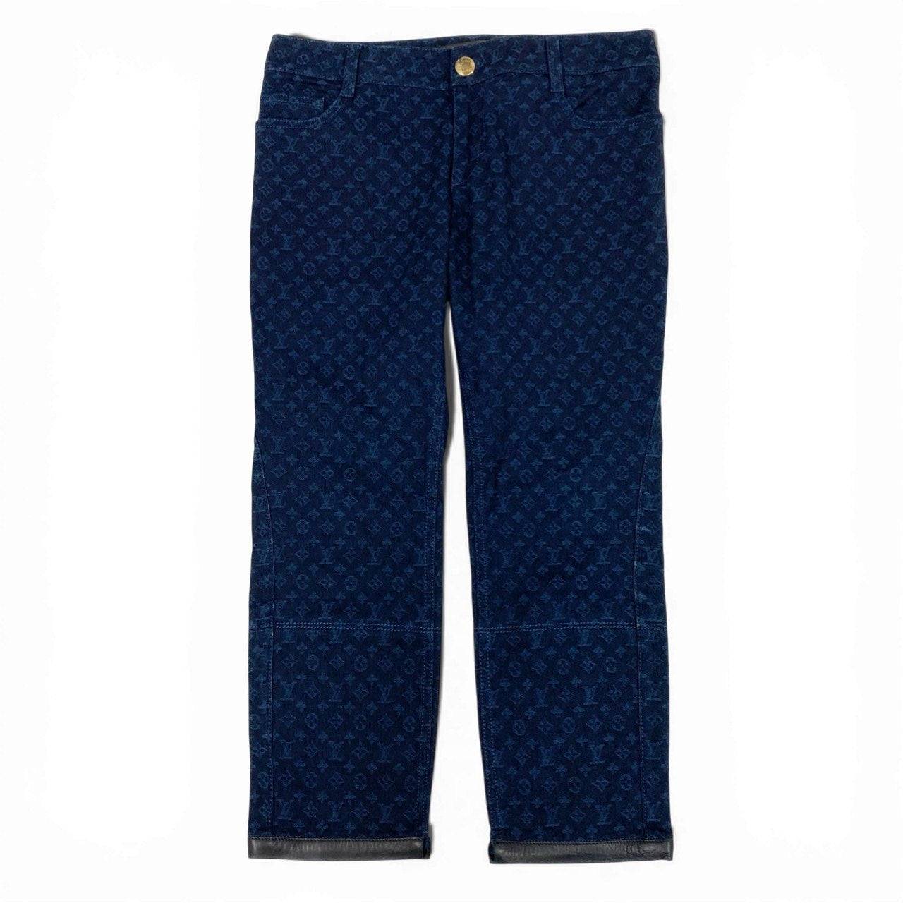 Ib7 LOUIS VUITTON ルイヴィトン モノグラムデニムパンツ 裾レザー Monogram Denim Jeans 40サイズ インディゴ レディース 女性用ta1