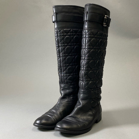 4i30 Dior ディオール Cannage カナージュ ロングブーツ ブーツ キルティング ベルト 37サイズ ブラック シルバー レザー レディース シューズt18r