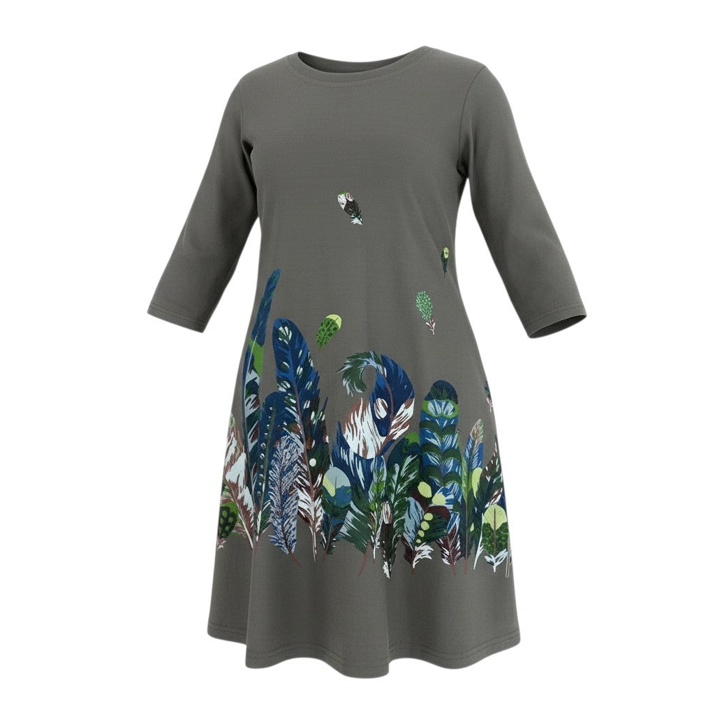 41c10 TOKUKO 1er VOL トクコプルミエヴォル チュニックワンピース Aライン 七分袖 羽柄  ストレッチ レディース 女性服 サイズ9 グレー系u02t