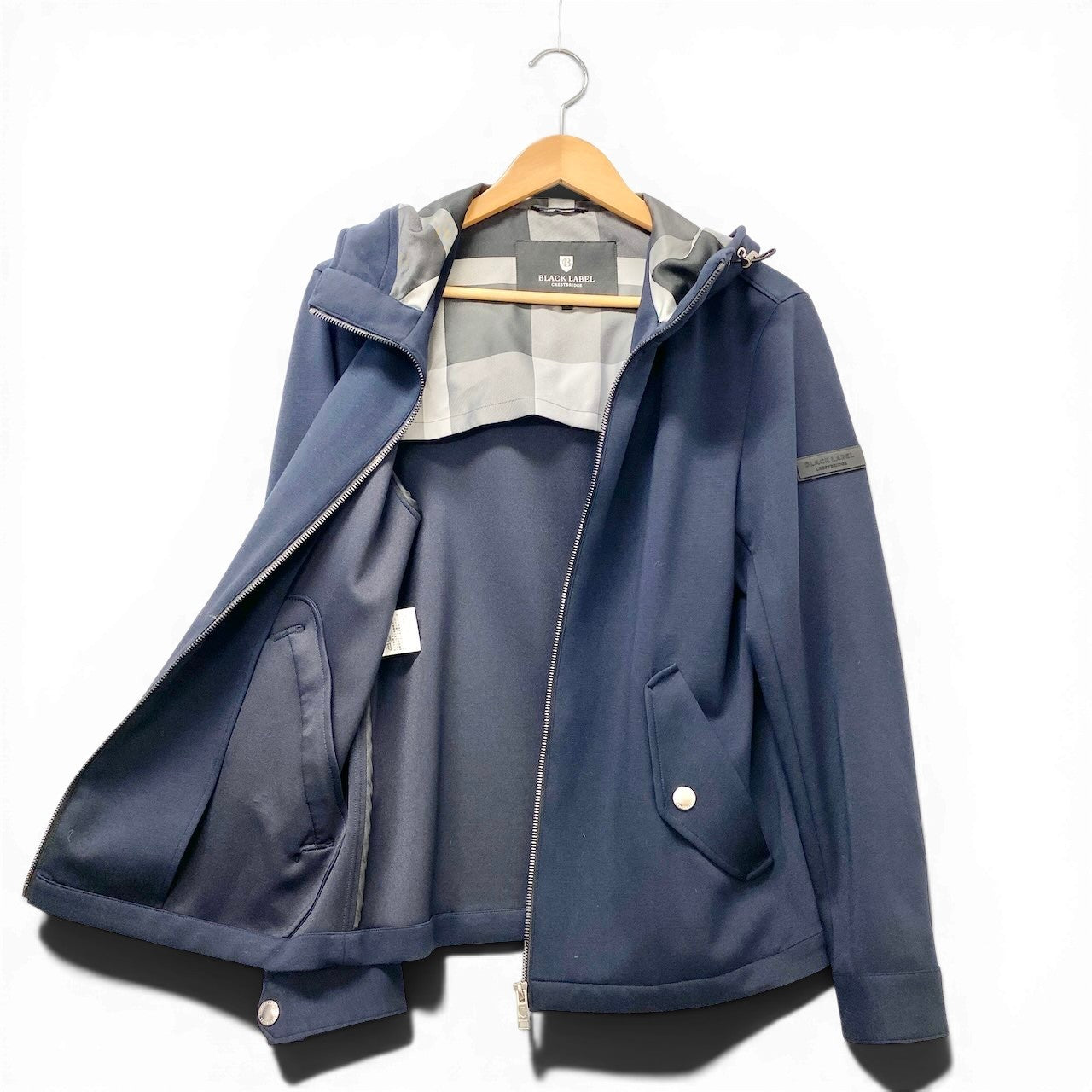 40f15 BLACK LABEL CRESTBRIDGE ブラックレーベルクレストブリッジ ジップアップ ナイロンパーカー  伸縮ストレッチ サイズＭ ネイビー メンズ 紳士服u02t