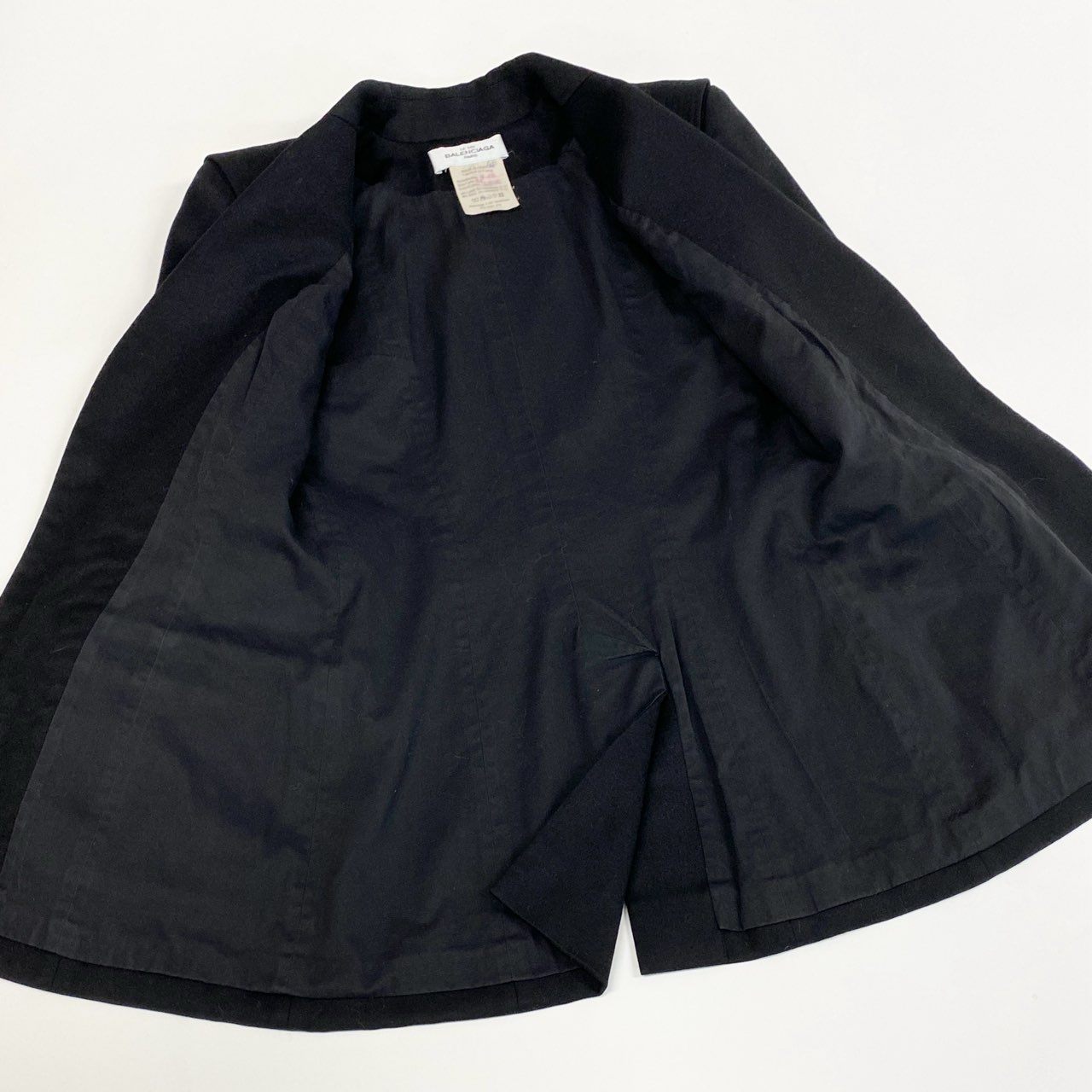 50a19 Vintage BALENCIAGA LE DIX バレンシアガ ボタンレス テーラードジャケット ロングジャケット ウールカシミヤ混 フランス製 レディース 女性用 36 ブラックu02t