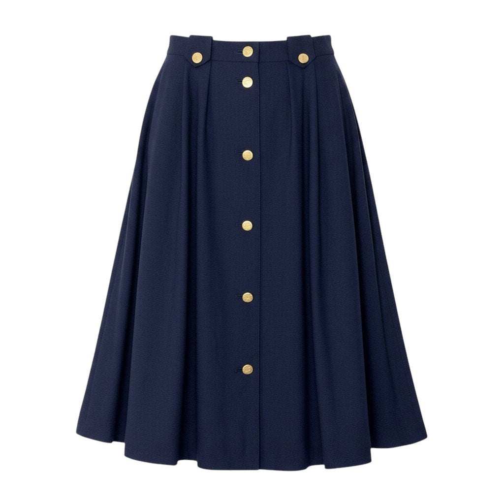 76g14 BURBERRY バーバリー フロントボタン タックスカート ミディ丈 金ボタン サイズ9AR ネイビー ウール100％ レディースu02t