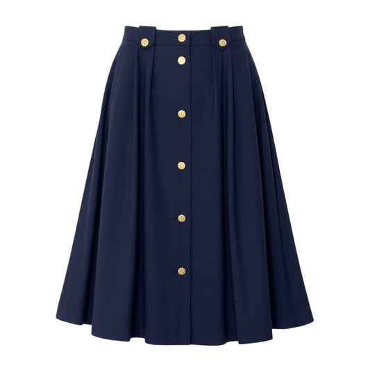 76g14 BURBERRY バーバリー フロントボタン タックスカート ミディ丈 金ボタン サイズ9AR ネイビー ウール100％ レディースu02t