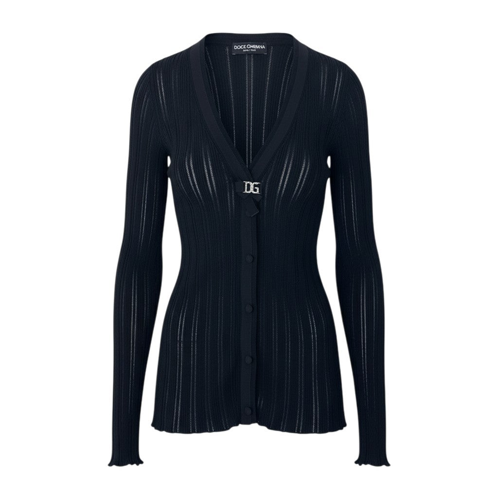 53i26 DOLCE&GABBANA ドルチェアンドガッパーナ ロングスリーブニットカーディガン DGロゴ ラインストーン 38サイズ ブラック レディース 女性用u02t