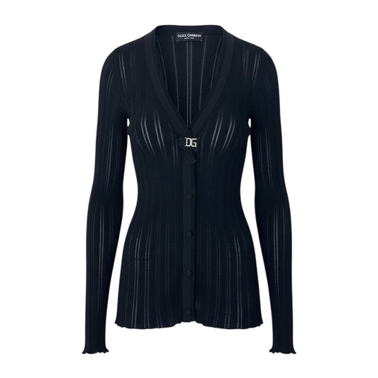 53i26 DOLCE&GABBANA ドルチェアンドガッパーナ ロングスリーブニットカーディガン DGロゴ ラインストーン 38サイズ ブラック レディース 女性用u02t