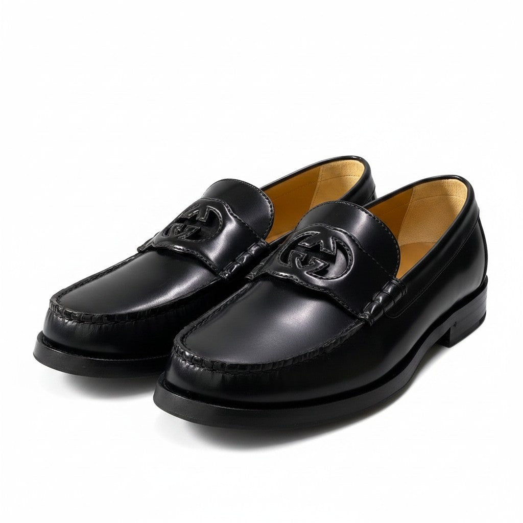 e4 GUCCI グッチ インターロッキング GGロゴ ローファー シューズ ドレスシューズ スリッポン 738470 8 1/2 ブラック レザー メンズo07t