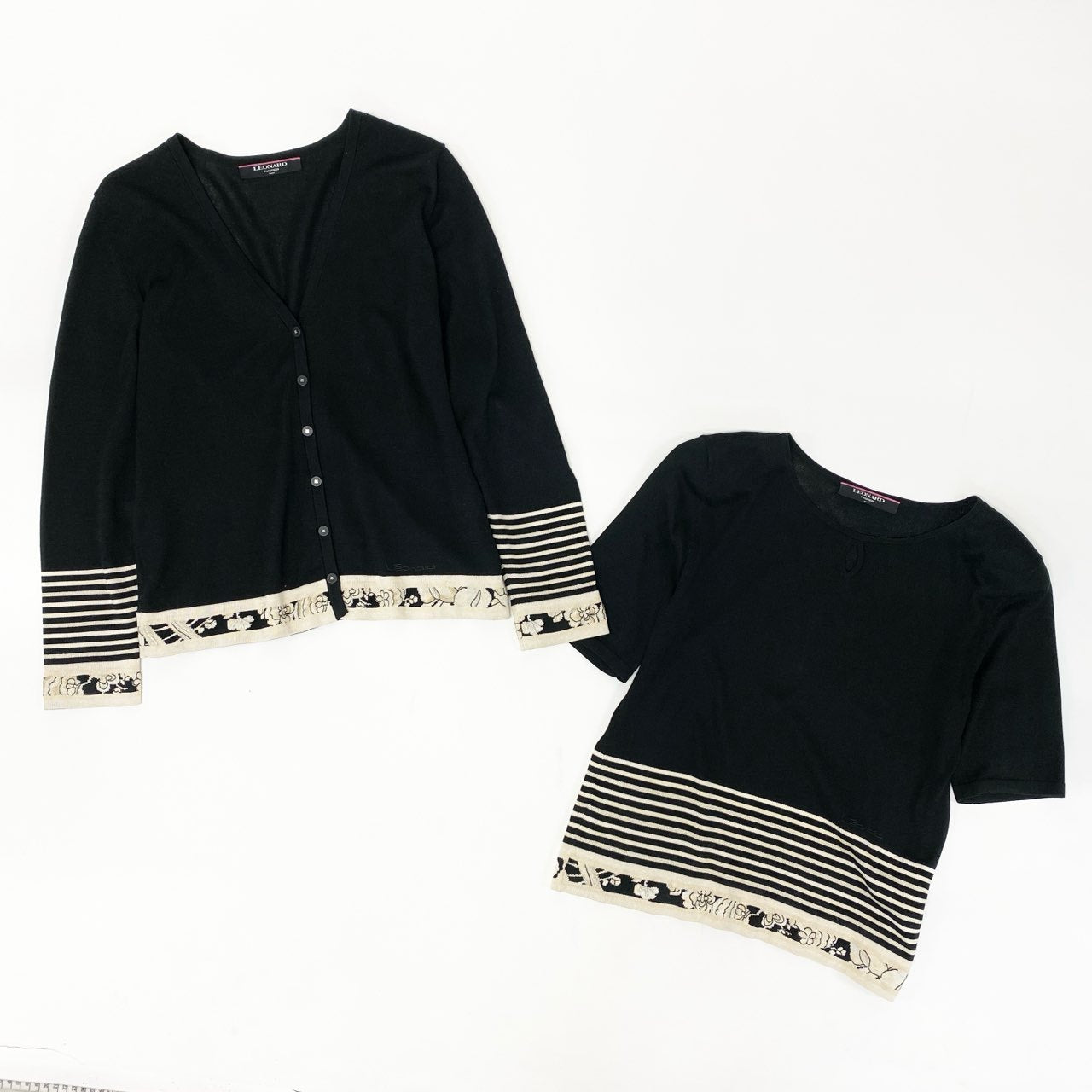4k23《美品》 LEONARD FASHION レオナール アンサンブルニット ツインニット 半袖トップス カーディガン ボーダー柄 花柄刺繍 シルク混 Ｌ ブラック ホワイト系u02t