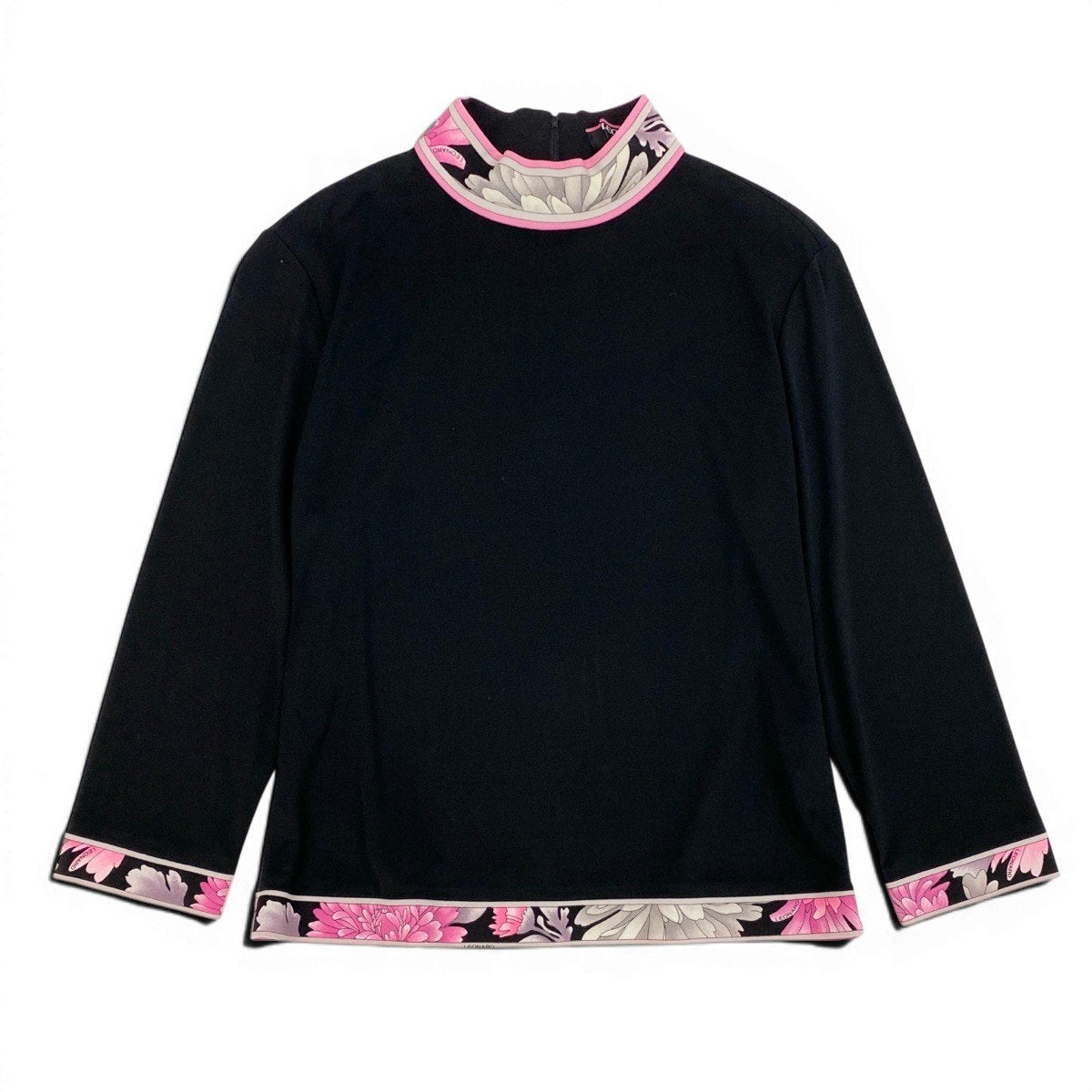 75f10 LEONARD FASHION レオナール ロングスリーブカットソー ハイネック カンカン素材 切替花柄プリント サイズL ブラック ピンク レディース 女性服u02t