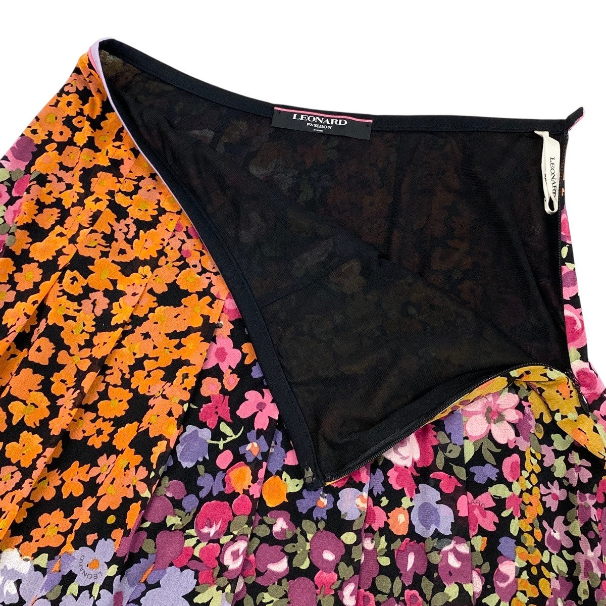 22f11 LEONARD FASHION レオナール セットアップスカート シアーカットソー フレアスカート 花柄プリント カンカン素材 サイズM/67 マルチカラー レディースu02t