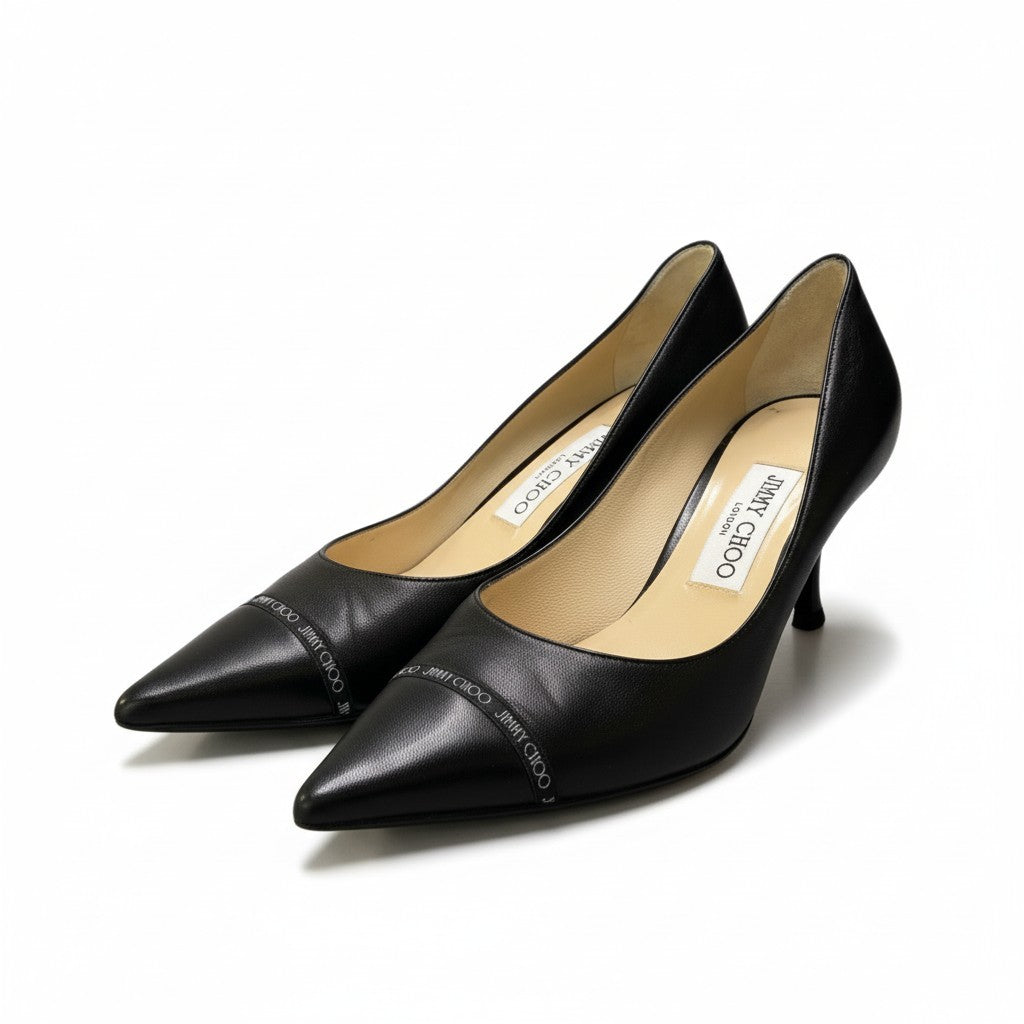 2c24 JIMMY CHOO ジミーチュウ ロゴテープ ポインテッドトゥ パンプス シューズ 37.5 ブラック レザー イタリア製u02t