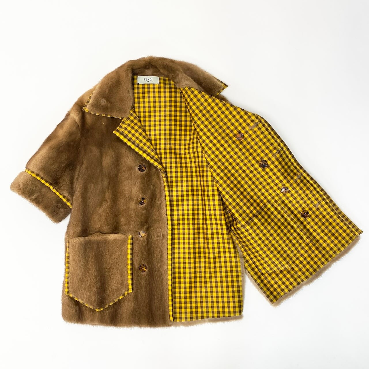 E FENDI フェンディ パステルミンクファー リバーシブル ファーコート ジャケット チェック 36 ブラウン イエローnu1