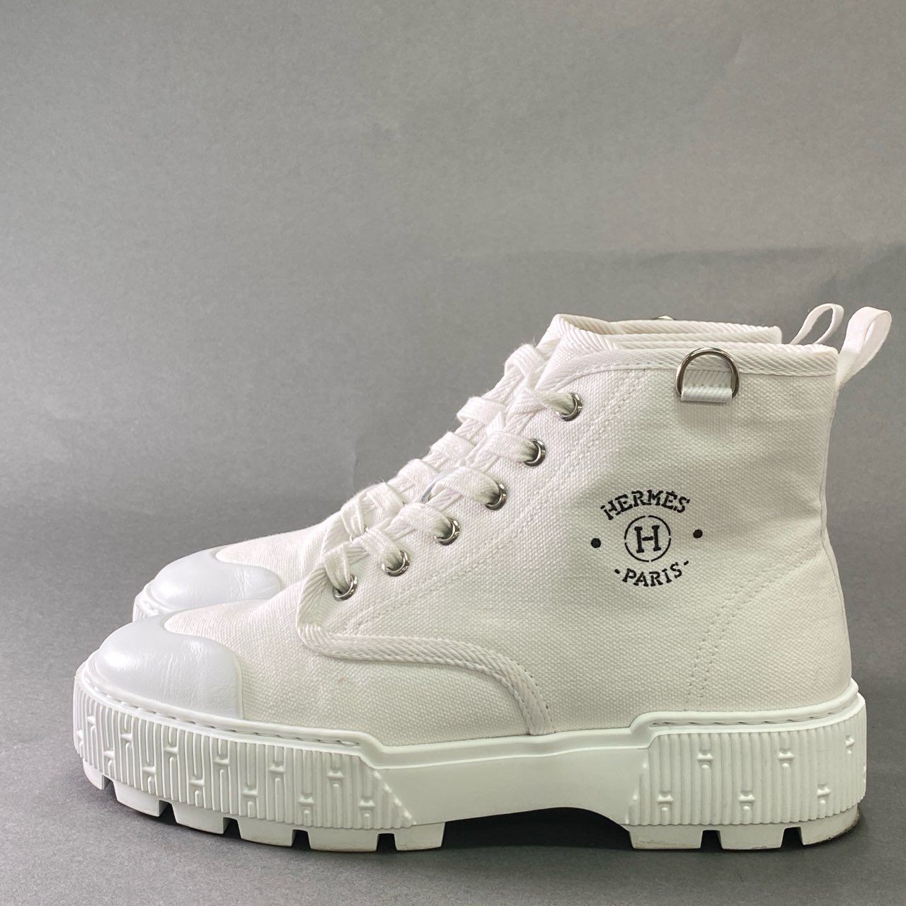 j4 HERMES エルメス イティネレール ショートブーツ ハイカットスニーカー ロゴプリント イタリア製 36 ホワイト キャンバスk02i