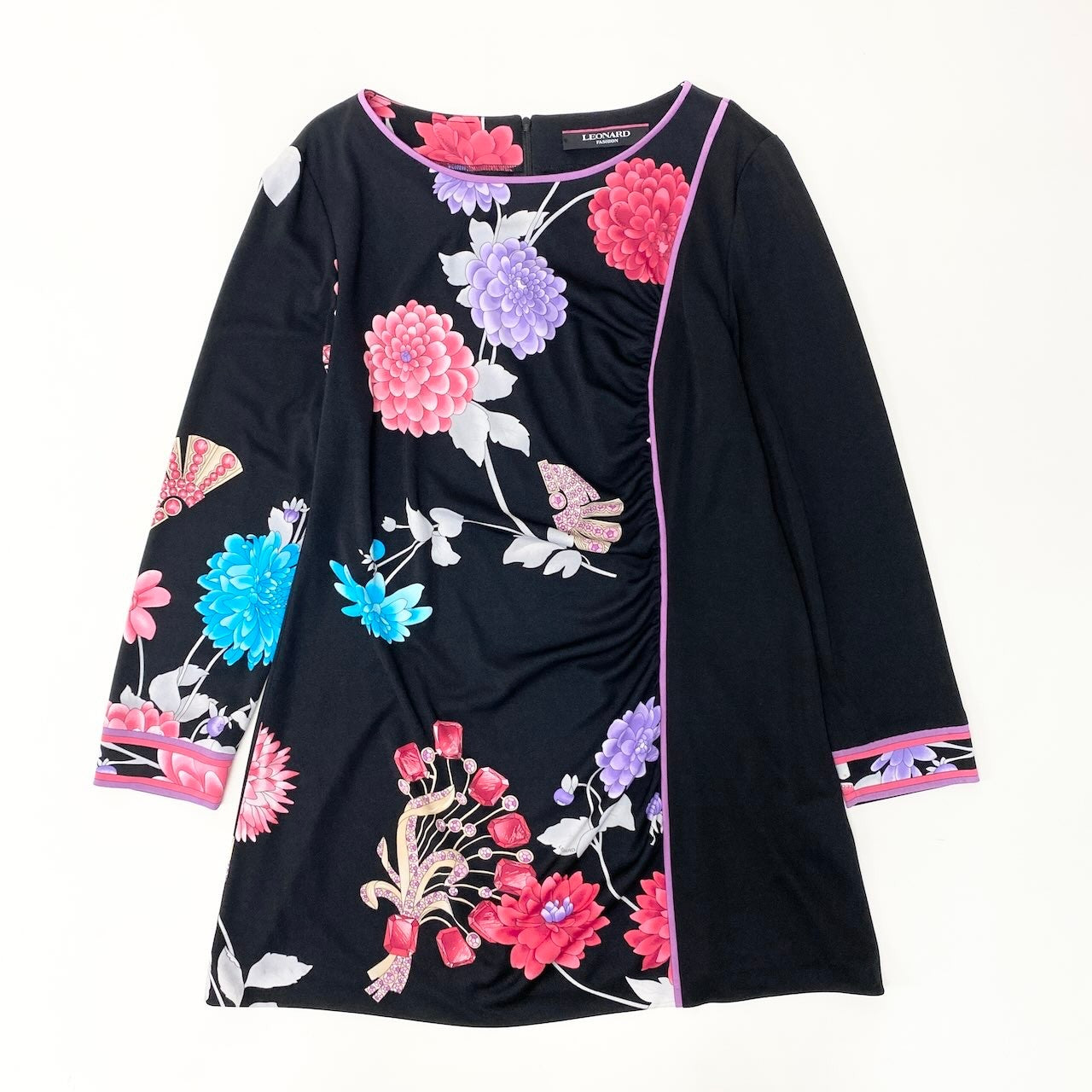 14f15 LEONARD FASHION レオナール ロングスリーブ チュニックワンピース カンカン素材 美しい花柄プリント サイズ40 ブラック 画像参照 レディース 女性服u02t