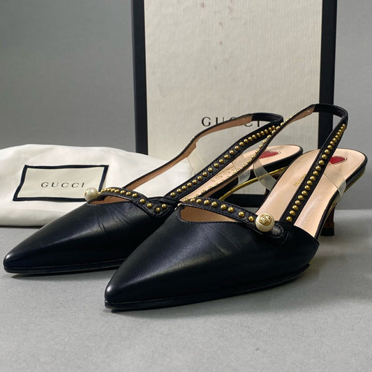 6i18 GUCCI グッチ スリングバック パンプス スタッズ パール バンブーヒール シューズ イタリア製 460127 34 1/2 ブラック レザー レディースk02i