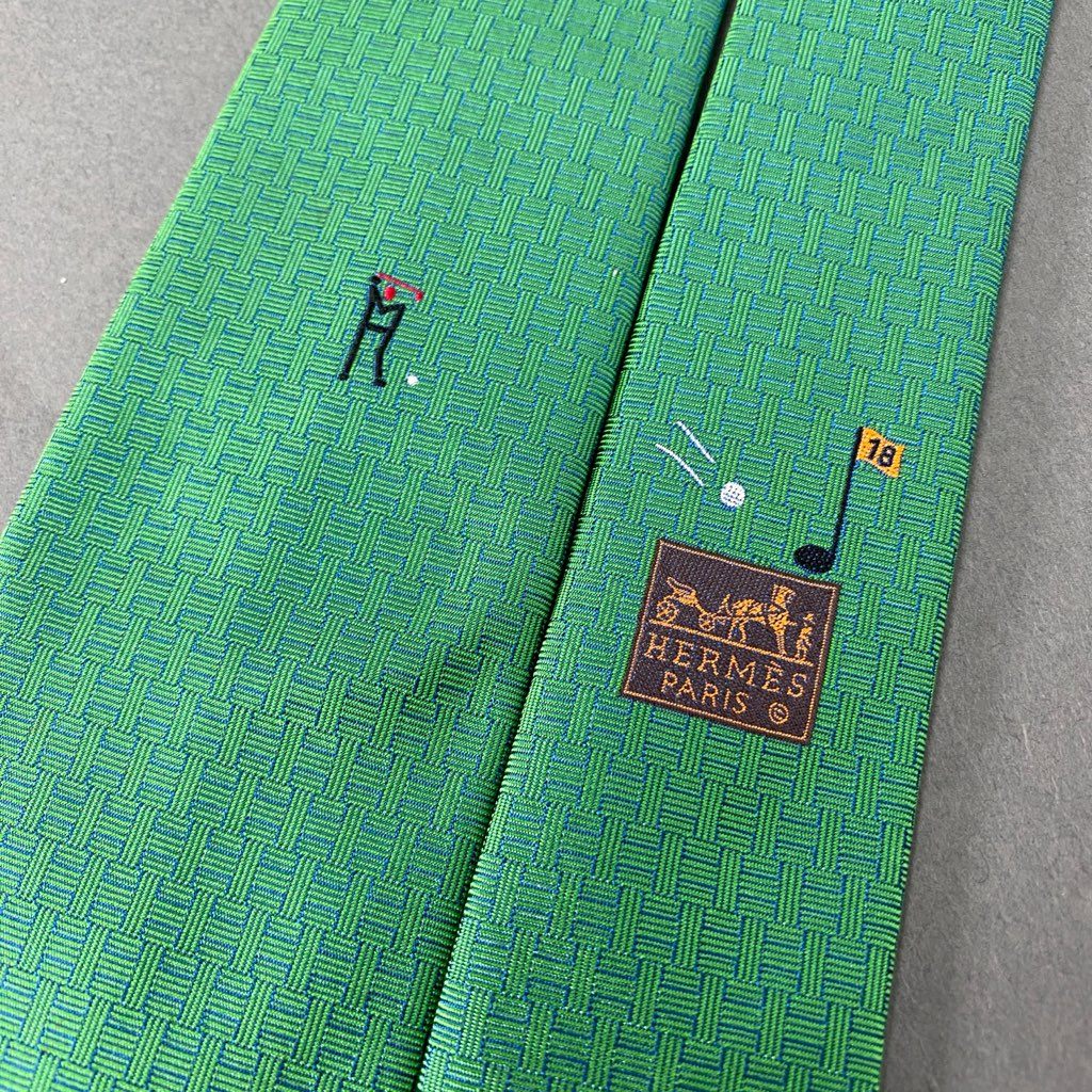 39b6-10 HERMES エルメス Hロゴ ゴルフ刺繍 シルクネクタイ ビジネス フォーマル スーツ グリーン フランス製 428897T