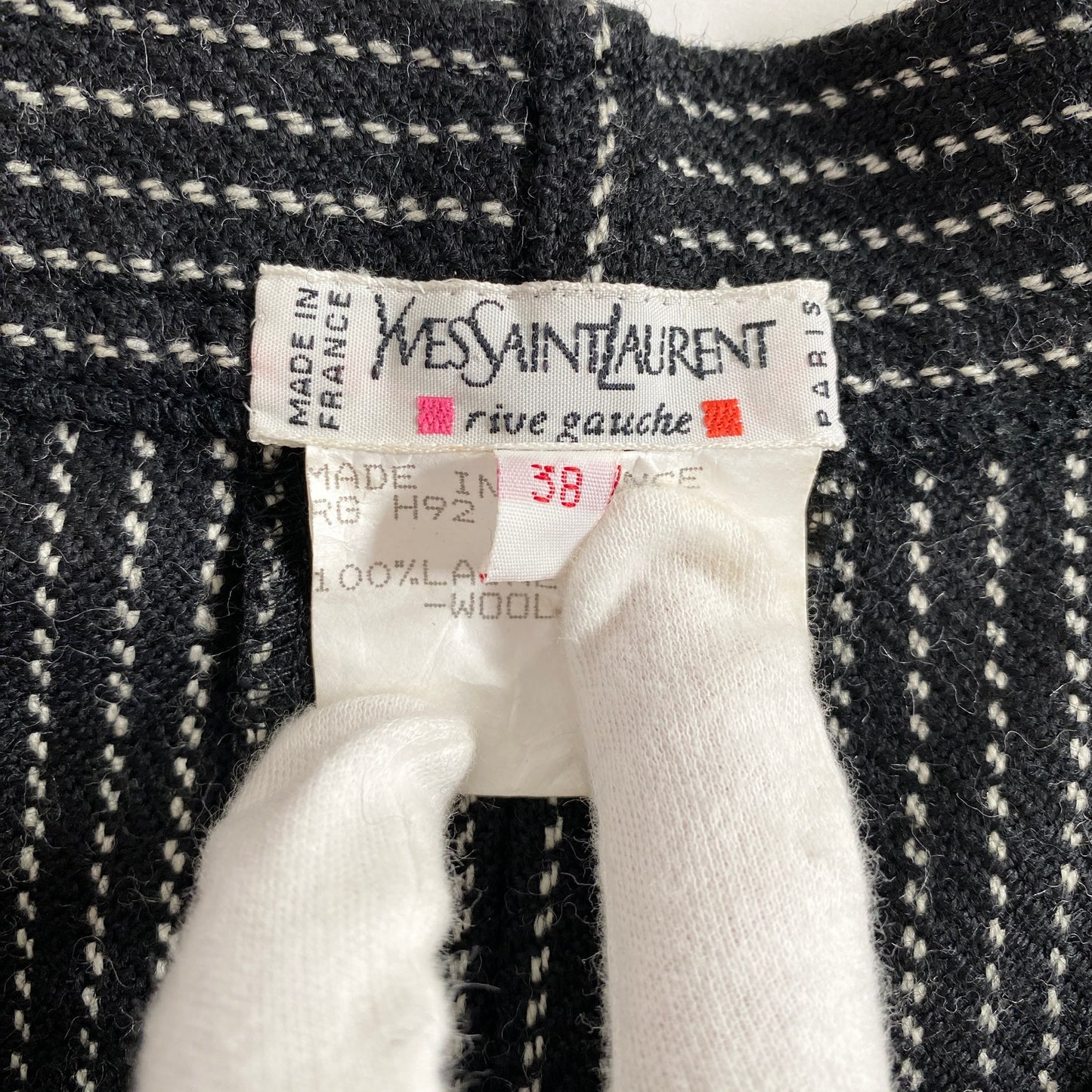 76k21 フランス製 YVES SAINT LAURENT rive gauche イヴサンローラン リヴゴーシュ ヴィンテージ タックスラックス ワイドパンツ ストライプ 38 ブラック×ホワイト