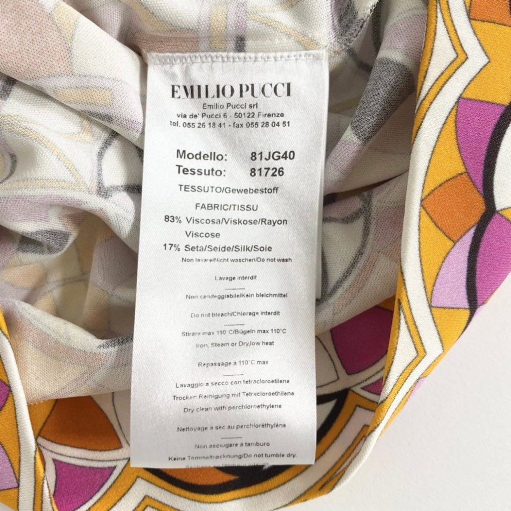 33c11 《極美品》 イタリア製 EMILIO PUCCI エミリオプッチ 半袖ワンピース ドレスワンピース 総柄 膝丈 袖スリット 34 レディース