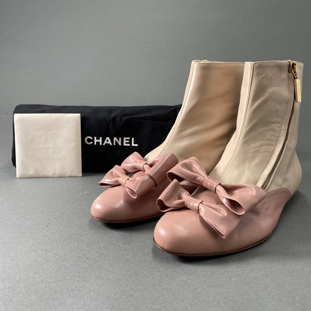 1a31 CHANEL シャネル イタリア製 W RIBBON ダブルリボン レザー ショートブーツ サイドジップ 37 ベージュ ピンク MADE IN ITALY