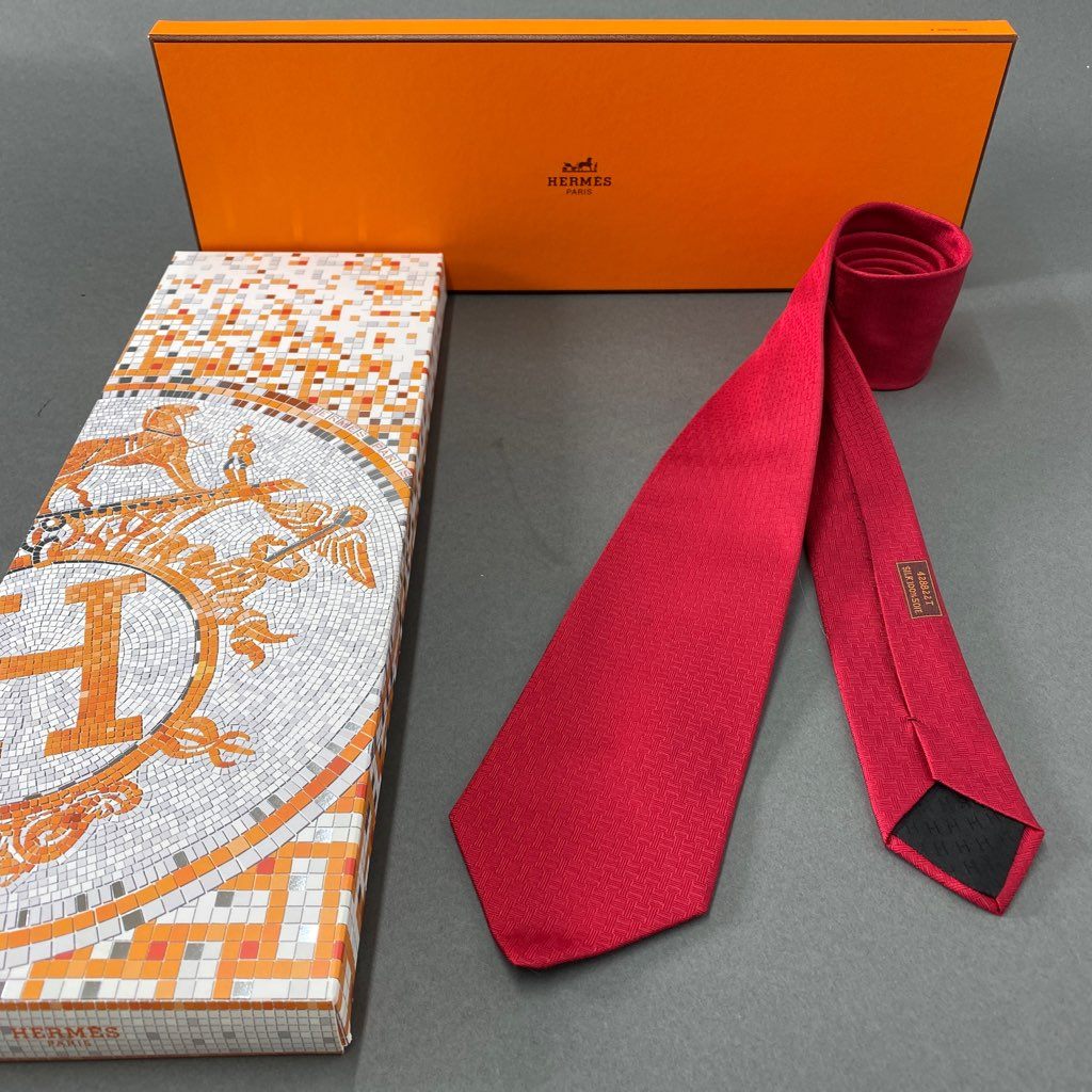 39b6-7 HERMES エルメス Hロゴ シルクネクタイ ビジネス レッド フォーマル SILK フランス製 428822T