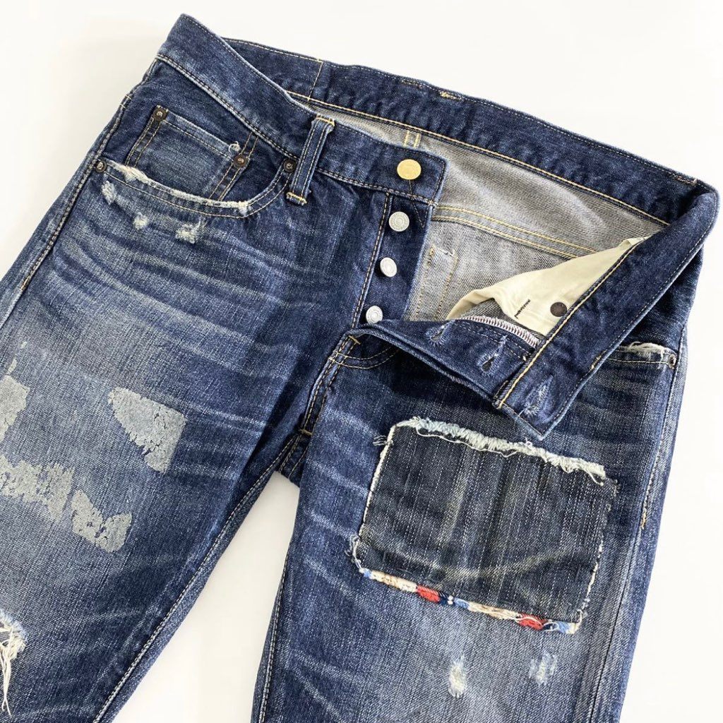 32h21 《美品》 TMT ティーエムティー ヴィンテージ加工デニムパンツ M インディゴ メンズ DENIM PANTS リペア ダメージ加工