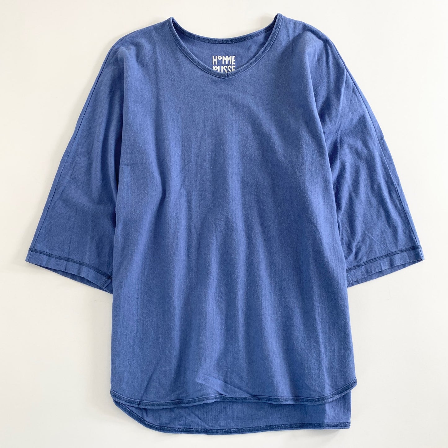 12a21 日本製 HOMME PLISSE ISSEY MIYAKE オムプリッセ イッセイミヤケ 七分袖Tシャツ カットソー 2 サックスブルー Vネック リネン混