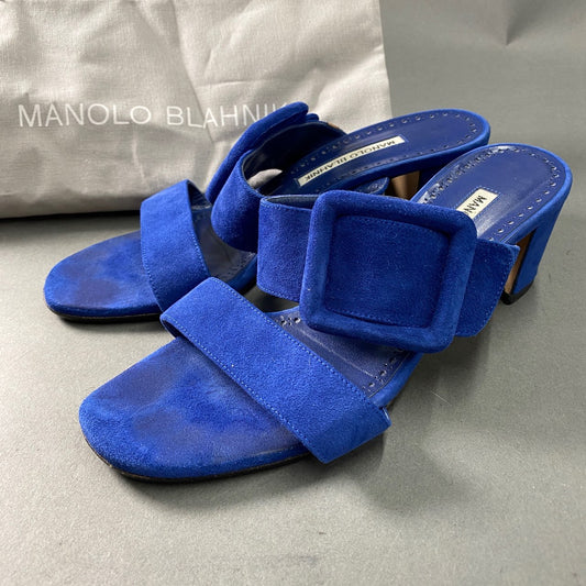 2A23 MANOLO BLAHNIK マノロブラニク スウェード バックルサンダル 38 ブルー シューズ ミュール ベルト 夏物