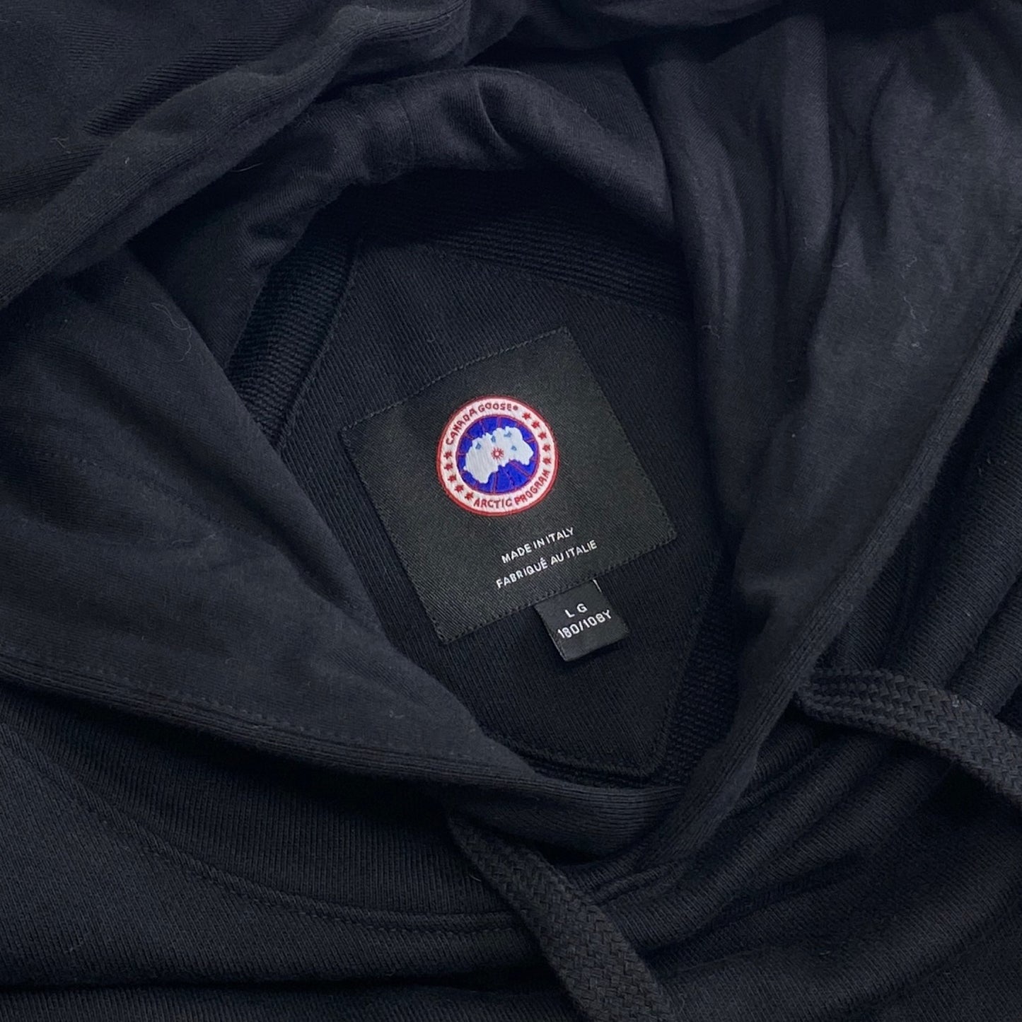 72k11《極美品》イタリア製 CANADA GOOSE カナダグース ワッペン付き フードパーカー スウェットパーカー  LG ブラック 裏地パイル