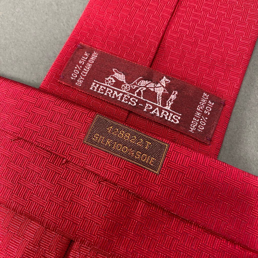 39b6-7 HERMES エルメス Hロゴ シルクネクタイ ビジネス レッド フォーマル SILK フランス製 428822T