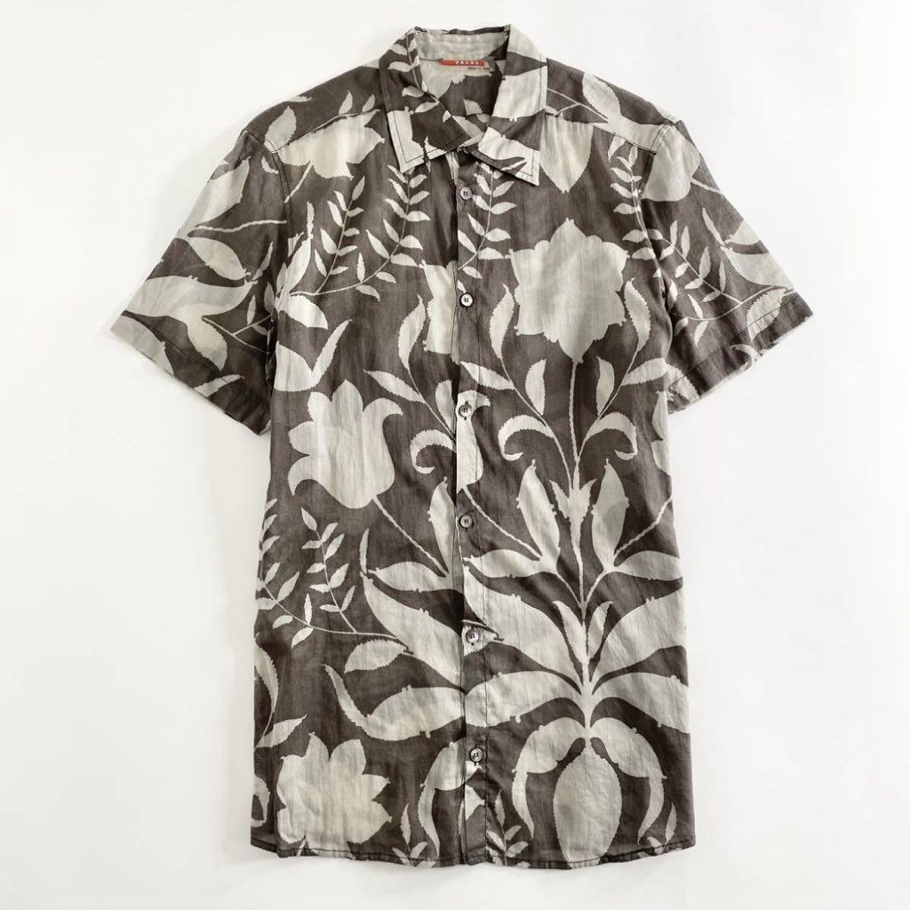 24i22 《美品》 PRADA プラダ アロハシャツ S グレー メンズ 半袖 ハワイアン 春夏 イタリア製 総柄 ALOHA SHIRT HAWAII ボタニカル