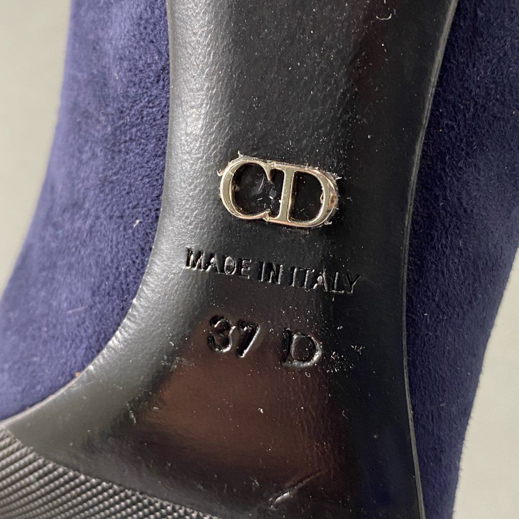 4b24 Christian Dior クリスチャンディオール イタリア製 ヒール パンプス シューズ ポインテッドトゥ CDロゴ 37 ネイビー スエード MADE IN ITALY