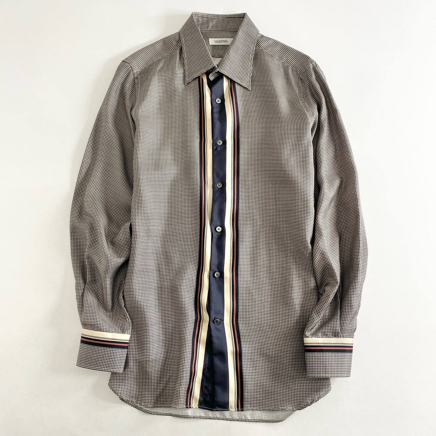 33L14 イタリア製 VALENTINO ヴァレンティノ 千鳥しシルクシャツ 40 ブラック ベージュ silk100％ 長袖 SHIRT ストライプ