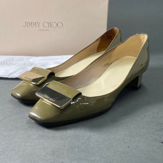 4a26 JIMMY CHOO ジミーチュウ イタリア製 247IRIS. チャンキーヒール スクエアトゥ パンプス シューズ 37 カーキ オリーブ系 パテントレザー MADE IN ITALY