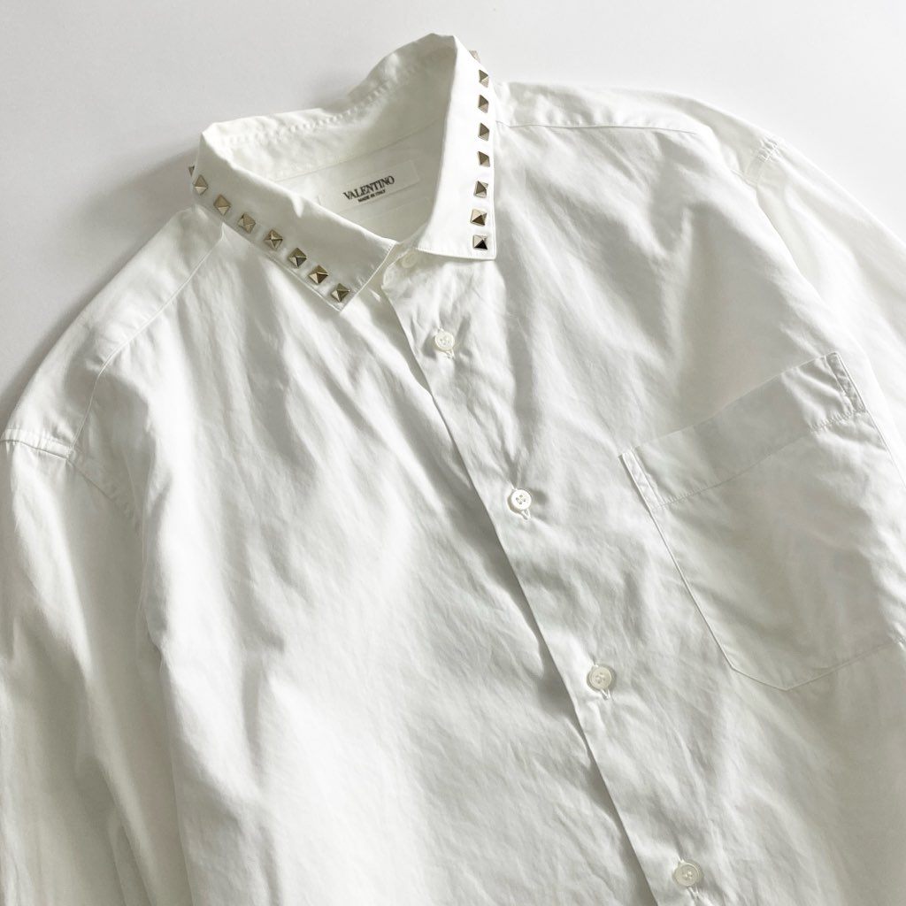 51b25 VALENTINO ヴァレンティノ スタッズカラーシャツ 41 ホワイト イタリア製 ワンポケ SHIRT 長袖