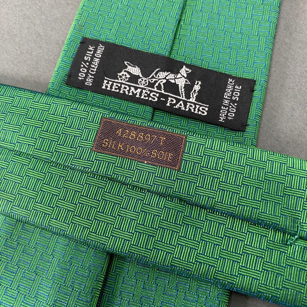 39b6-10 HERMES エルメス Hロゴ ゴルフ刺繍 シルクネクタイ ビジネス フォーマル スーツ グリーン フランス製 428897T