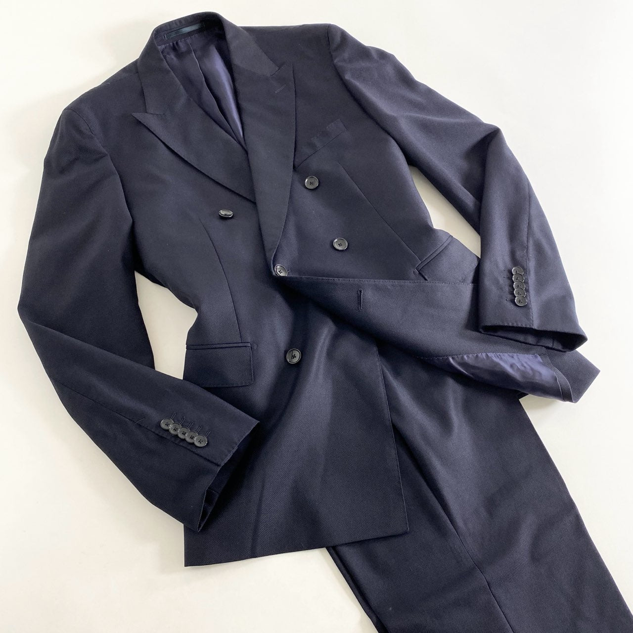 65L12《美品》HUGO BOSS ヒューゴボス VITALE BARBERIS CANONICO セットアップ ダブルブレスト スーツ 50 ダークネイビー フォーマル ビジネス