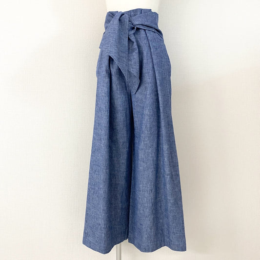 45a29 《美品》 イタリア製 MSGM エムエスジーエム ウエストベルト ワイドパンツ スラックス リネン混 42 ブルー レディース 女性用
