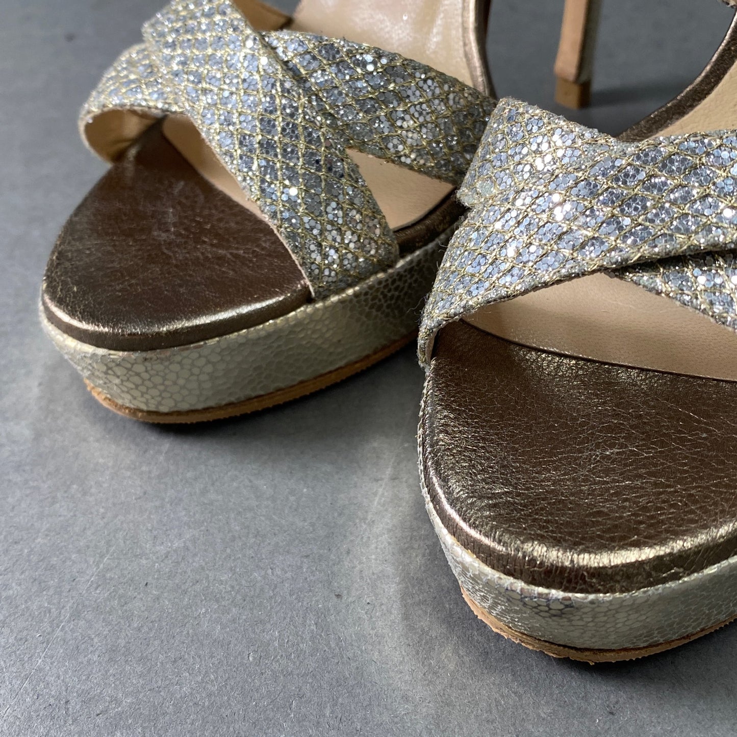 3a28 JIMMY CHOO ジミーチュウ イタリア製 VAMP GLITTER グリッター ハイヒール サンダル シューズ 36 1/2 シルバー MADE IN ITALY