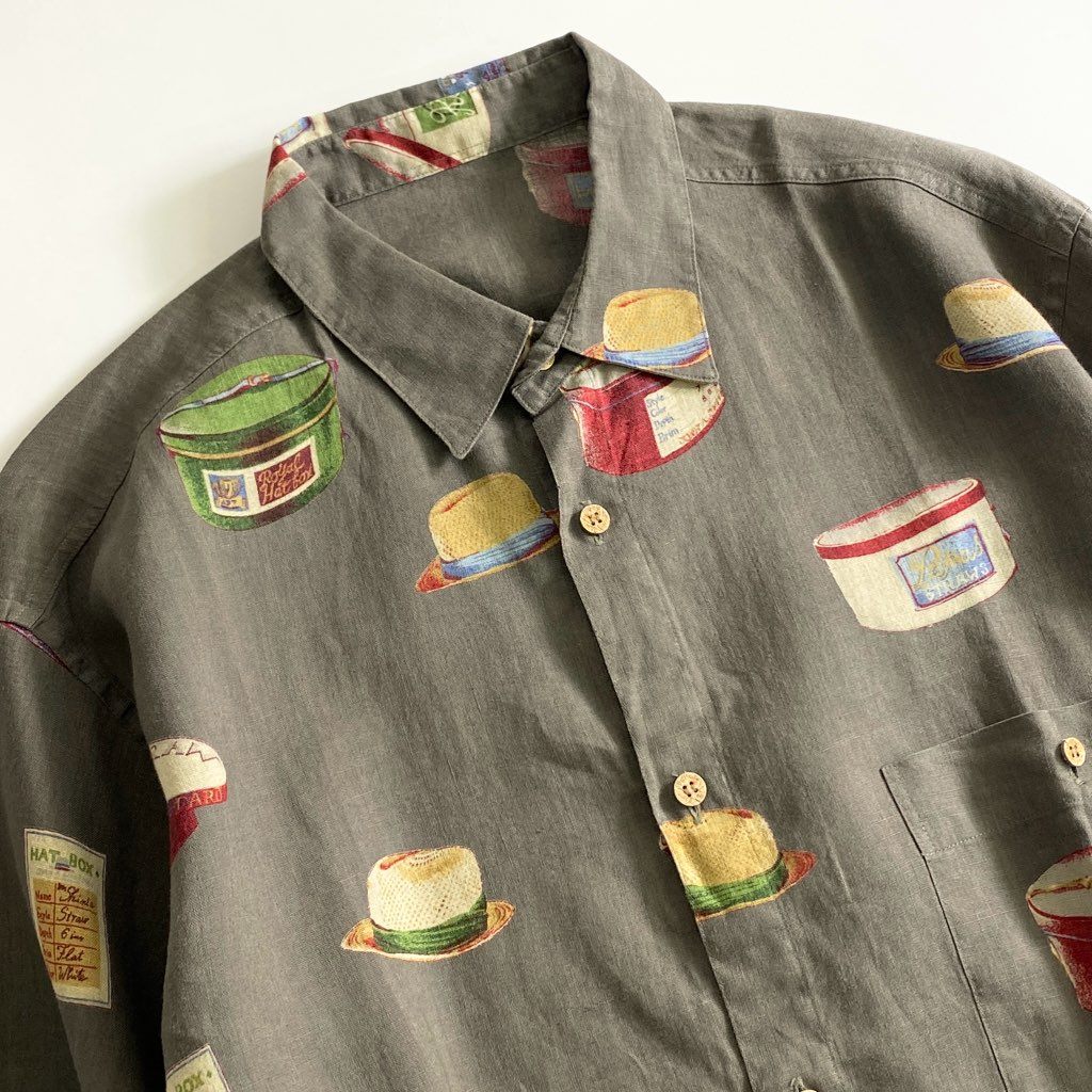 54b25 Papas パパス リネン 総柄シャツ L グレー 日本製 ワンポイントロゴ ハット 帽子 HAT BOX LINEN SHIRT