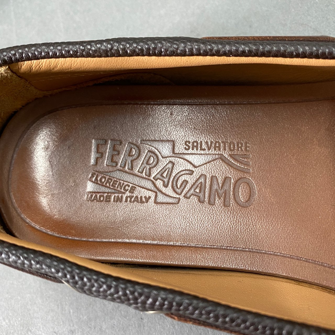 2L5 Salvatore Ferragamo サルヴァトーレフェラガモ 6 1/2(24.5cm相当)ブラウン キャビアスキン デッキシューズ モカシン レザーシューズ メンズ