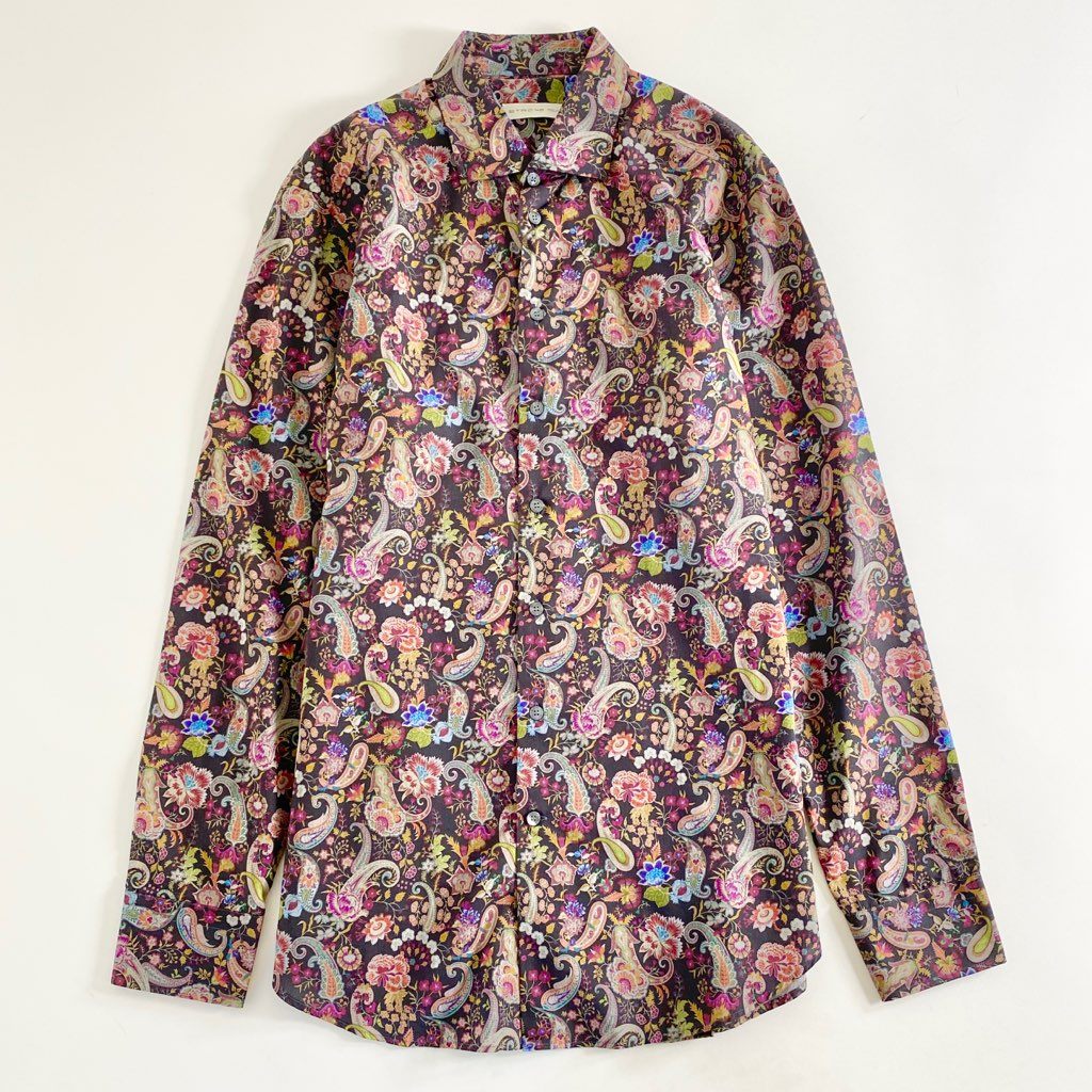 41b14 《極美品》 ETRO エトロ イタリア製 タグ付 フラワープリント 長袖シャツ 42 羽織 花柄 マルチカラー コットン MADE IN ITALY