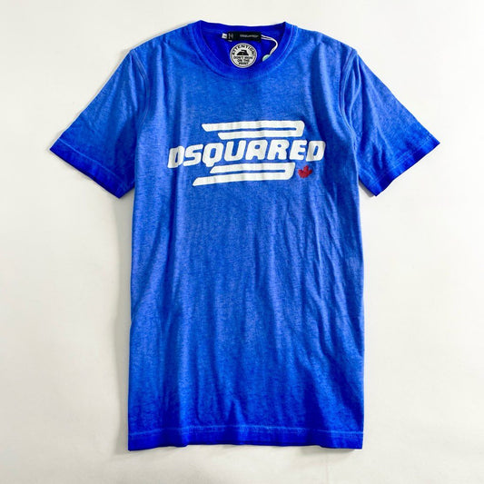 51c3 《新品》 DSQUARED2 ディースクエアード ヴィンテージ加工 ロゴプリント Tシャツ XS ブルー カットソー TEE イタリア製