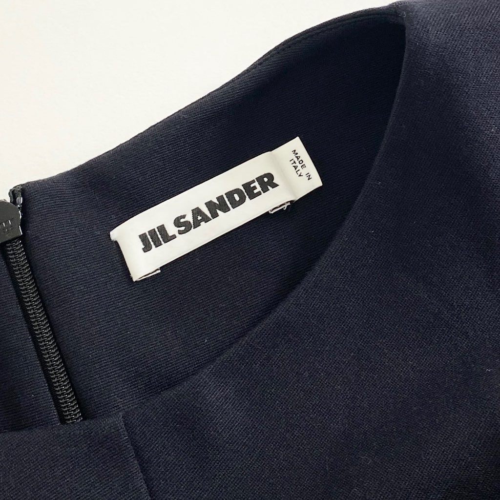 12b7-3 JIL SANDER ジルサンダー イタリア製 ノースリーブワンピース ドレス バックジップ ひざ丈 34 ネイビー レーヨン MADE IN ITALY