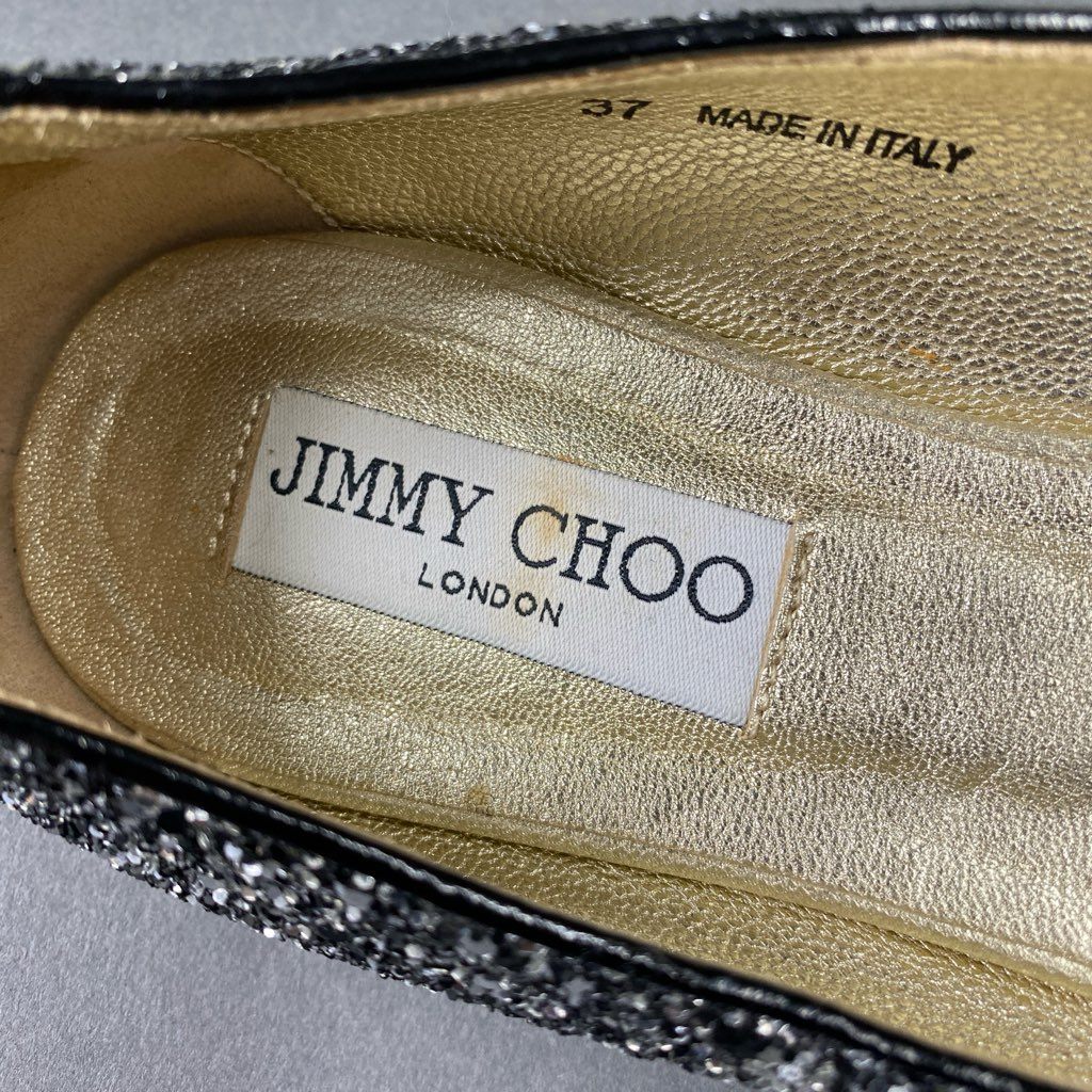 4b24 JIMMY CHOO ジミーチュウ イタリア製 グリッター フラットシューズ パンプス スパンコール 37 ブラック シルバー MADE IN ITALY