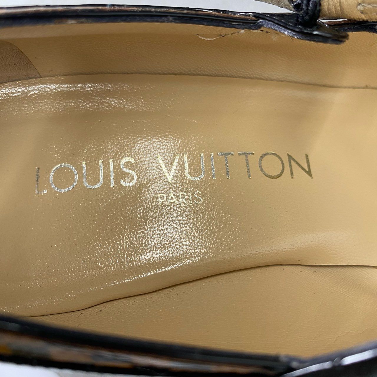 1c8 LOUIS VUITTON ルイヴィトン イタリア製 ダミエ チャンキーヒール パンプス シューズ ストラップ 37 キャメル ブラック パテントレザー MADE IN ITALY