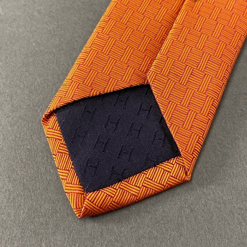 39b6-13 HERMES エルメス Hロゴ クローバー刺繍 シルクネクタイ ビジネス フォーマル スーツ オレンジ フランス製 428765T