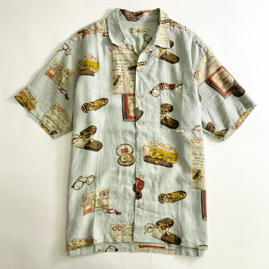 22b25 Papas パパス リネン アロハシャツ L ブルー系 LINEN ALOHA SHIRT HAWAII ハワイ 半袖 オープンカラー