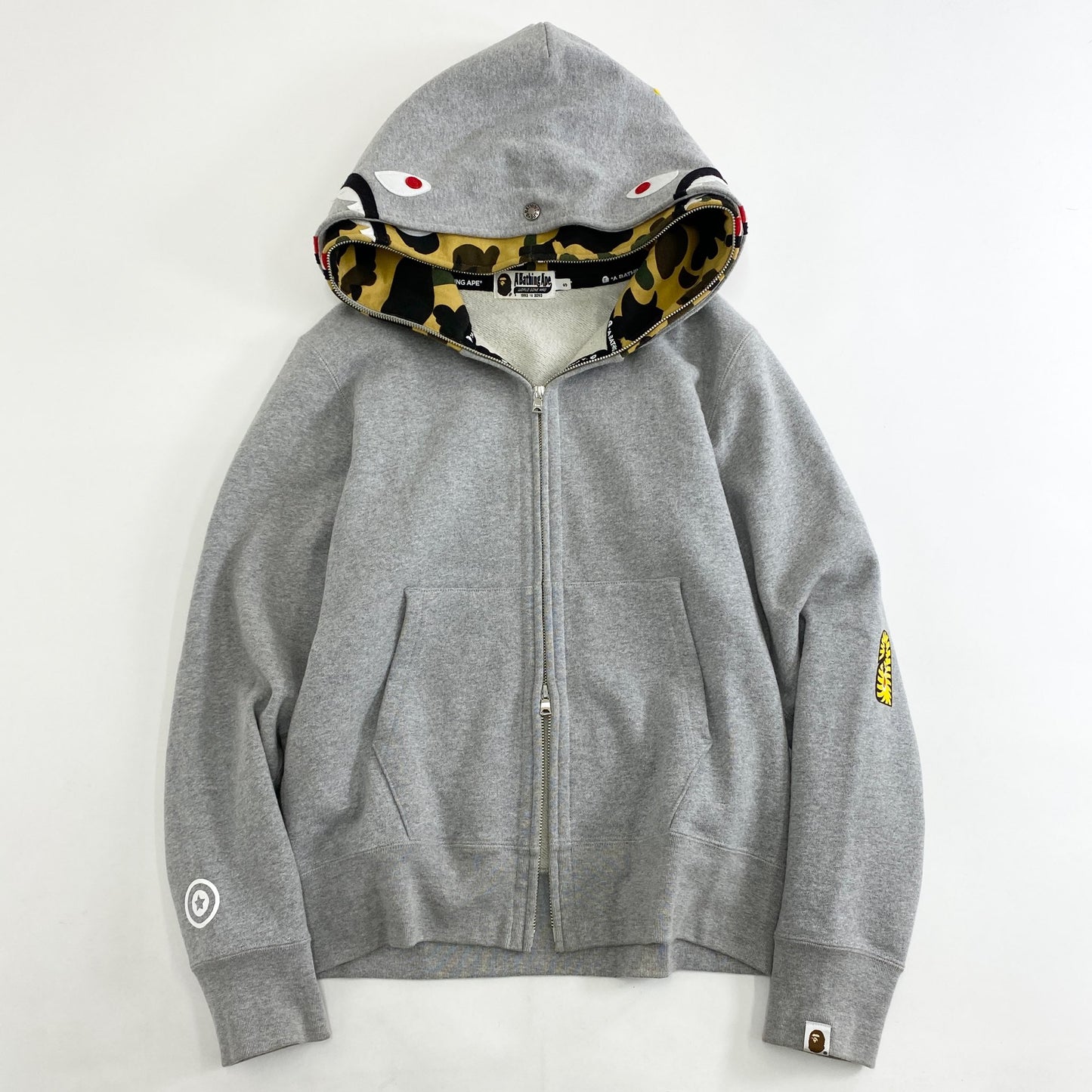 48k9 A BATHING APE アベイシングエイプ ダブルフードシャークパーカー S グレー コットン 迷彩 カモフラ  スウェット 羽織