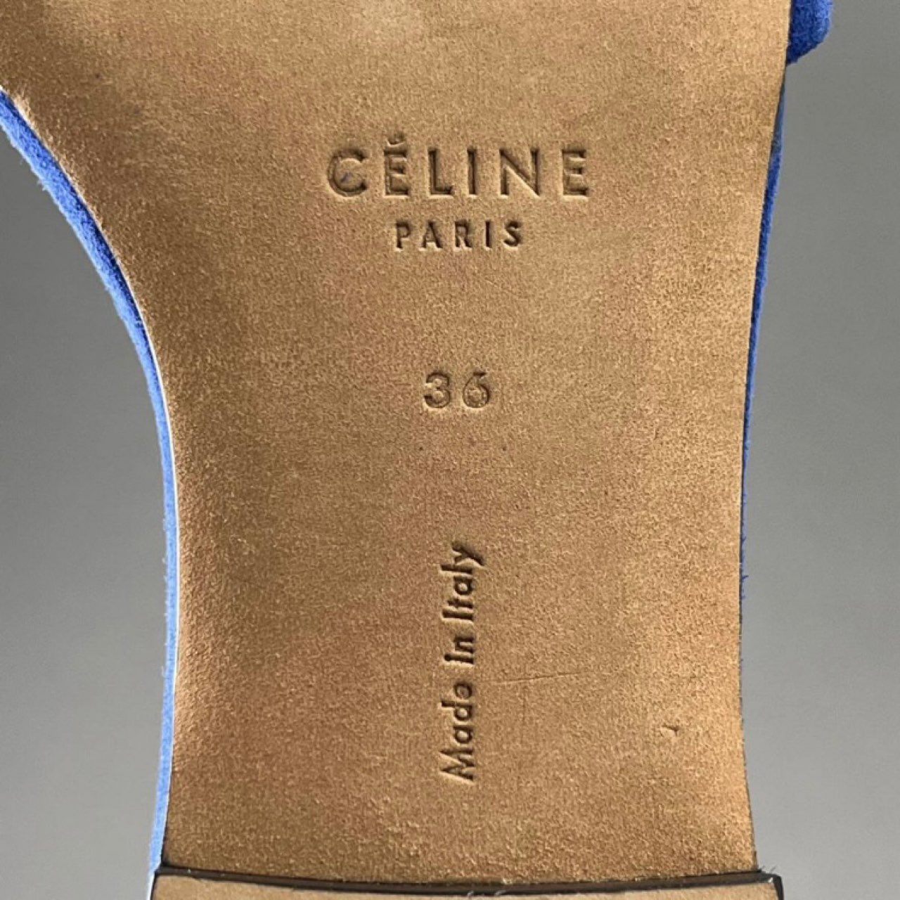 5f8 イタリア製 CELINE セリーヌ フィービー期 スエード アンクルストラップ フラット サンダル 36 ブルー スウェード レディース 女性用