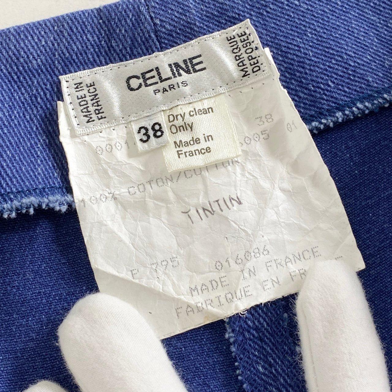 68L2 フランス製 CELINE セリーヌ デニムセットアップ  40 インディゴ 金ボタン ゴールド  ノーカラー レトロ ヴィンテージ