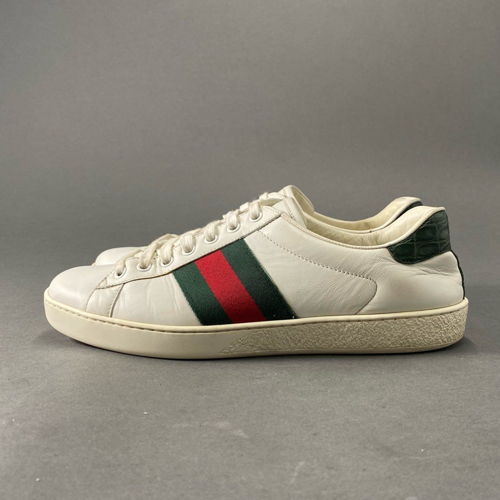 6c8 GUCCI グッチ イタリア製 ローカットスニーカー シェリーライン シューズ 7 ホワイト グリーン レッド レザー MADE IN ITALY